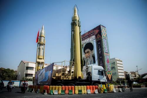 A display featuring missiles and a portrait of Iran's Supreme Leader Ayatollah Ali Khamenei is seen at Baharestan Square in Tehran, Iran September 27, 2017. Picture taken September 27, 2017. Nazanin Tabatabaee Yazdi/TIMA via REUTERS ATTENTION EDITORS - THIS IMAGE WAS PROVIDED BY A THIRD PARTY.