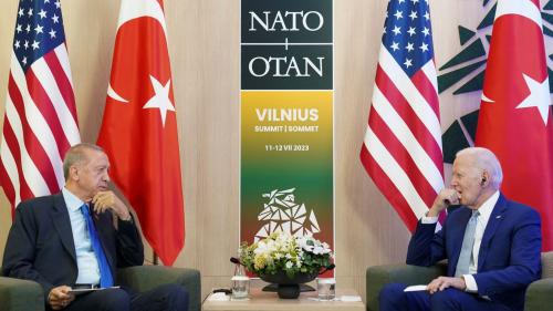 U.S. President Joe Biden meets with Turkish President Tayyip Erdogan at the NATO summit in Vilnius, Lithuania, July 11, 2023. REUTERS/Kevin Lamarque