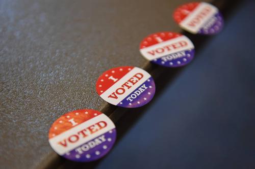 "I Voted Today" stickers lined up at the edge of the table for voters to take on Tuesday, April 9, 2024, at Sioux Falls School District in Sioux Falls.