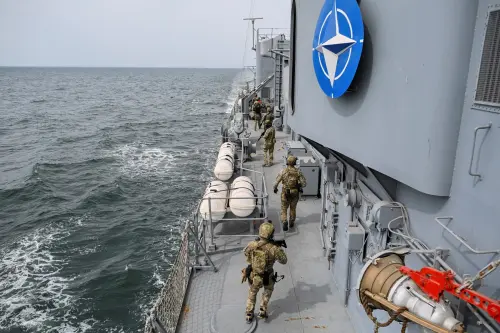 A Romanian Special Forces squad is seen on one of the decks of Romanian frigate 'King Ferdinand' during the Sea Shield 2024 NATO-led drill in the Black Sea, outside Constanta, Romania, April 16, 2024. Inquam Photos/Eduard Vinatoru via REUTERS