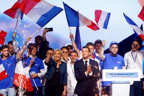 FILE PHOTO: Marine Le Pen, President of the French far-right National Rally (Rassemblement National - RN) party parliamentary group, and Jordan Bardella, President of the French far-right National Rally (Rassemblement National - RN) party and head of the RN list for the European elections, attend a political rally during the party's campaign for the EU elections, in Paris, France, June 2, 2024. REUTERS/Christian Hartmann/File Photo