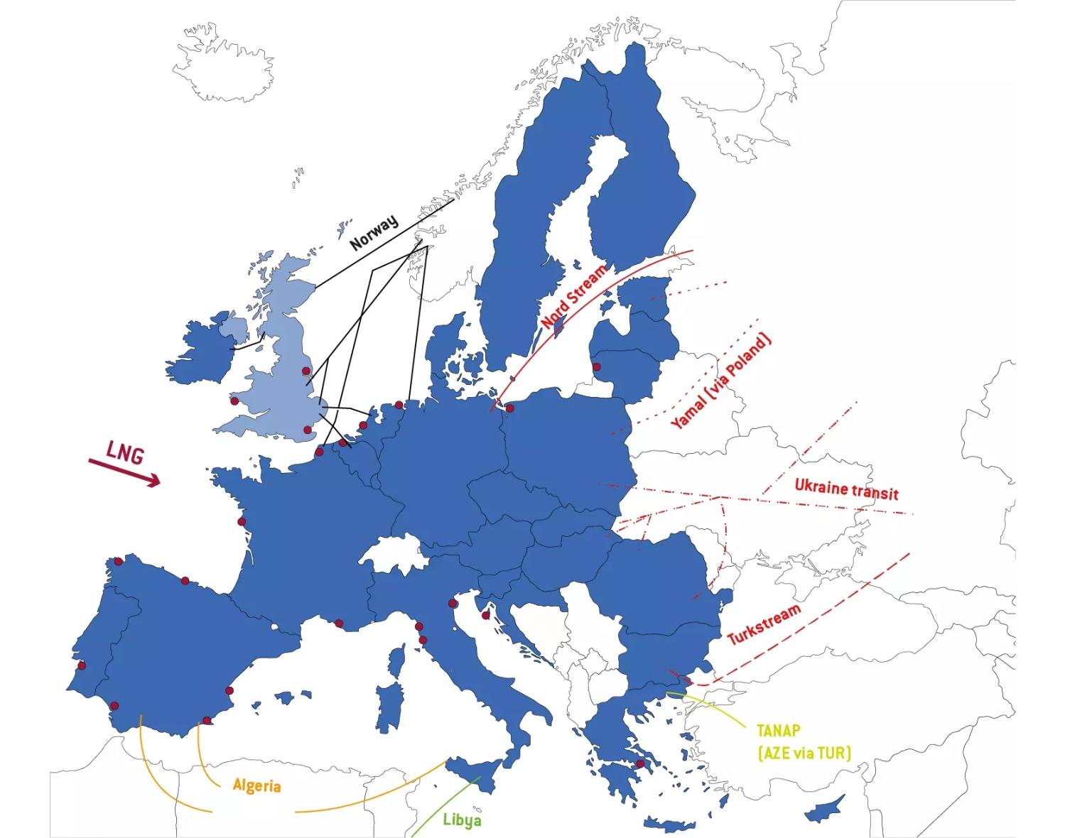 This map displays the most relevant pipeline import routes into the EU and the location of LNG terminals.