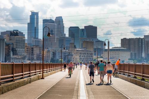 street view on Stone Arch Bridge in Minneapolis, Minnesota - July, 2017: USA